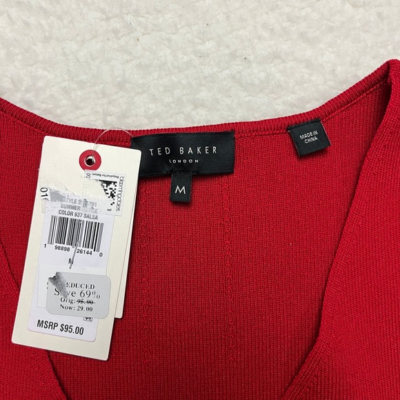 Ted Baker Tank Top Womens M Red Salsa V-Neck Ribbed Knit Shell Sleeveless 251201 - Picture 3 of 8